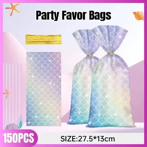 Mermaid Party Favour Bags 150 Pack with Gold Twist Ties 27.5 x 13 cm