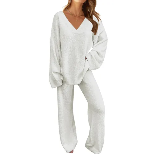 Women's 2-Piece Set Fuzzy Fleece Pajamas Set Long Sleeve Loungewear White White L