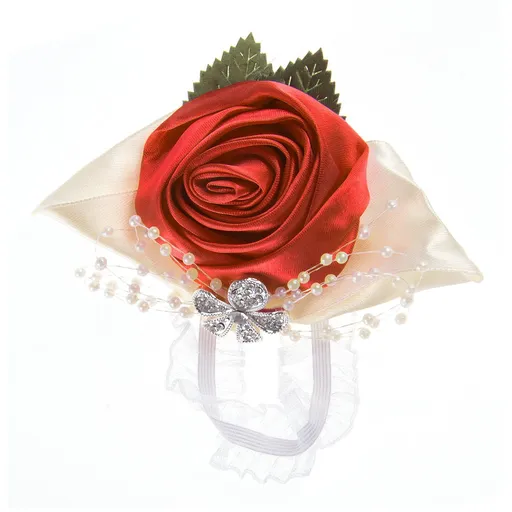 Fashionable wedding bridesmaid wrist flower bust party hand flower decoration with artificial pearl bead wristband red