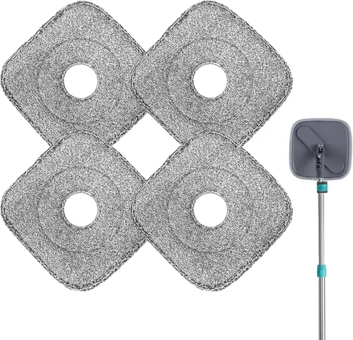4 Pack Square Reusable Microfiber Mop Pads Fit for True & Tidy Spin Mop, Machine Washable Refill, Super Absorbent and Durable for Deep Cleaning, 9x9 Inch