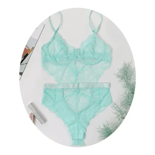 Sexy Lace Sheer Floral Backless Bodysuit Open Crotch Teddy Lingerie Women - Light Green - L