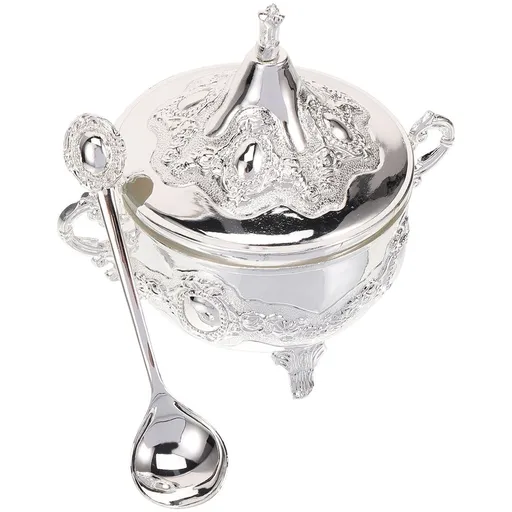 Stylish Plated Silver Condiment Jar with Spoon for Salt, Sugar, and Spices