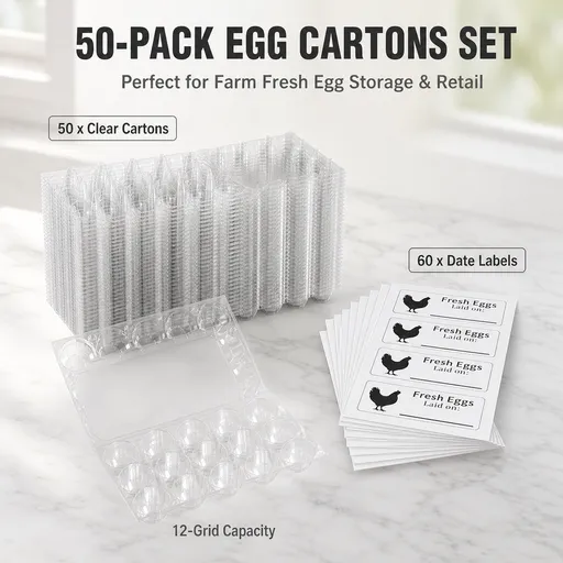 50 PCS 12 Count Plastic Egg Cartons, with 60PCS Date Labels, Clear Reusable Egg Containers Holds for Fresh Medium Eggs Storage, Suitable for Farms, Family, Markets Display