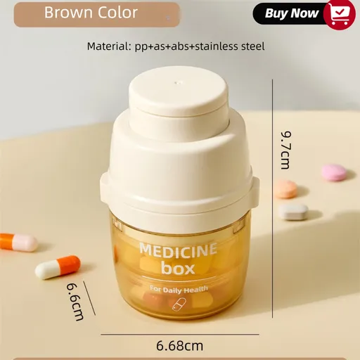 Beige 3-in-1 Pill Cutter, Crusher & Organizer Box with Built-in Water Cup - Portable Medicine Storage Container with Precision Quarter/Half Splitter