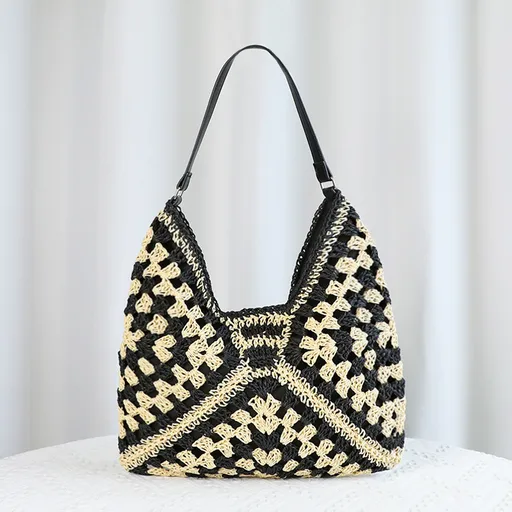 Black Stylish Woven Shoulder Bag - Fashionable Versatile Handbag & Crossbody Straw Beach Tote (39x27x39 cm)