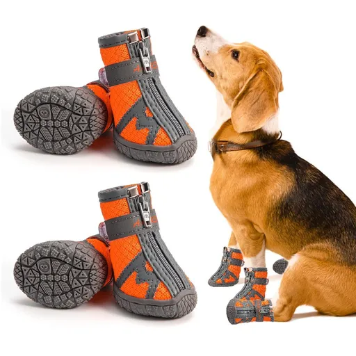 Dog Shoes for Small Medium Dogs Waterproof Puppy Dog Boots with Safety Reflective Dog Paw Protectors for Winter Hot Pavement Rainy Day with Anti Slip Rubber Sole - Orange - Size 4