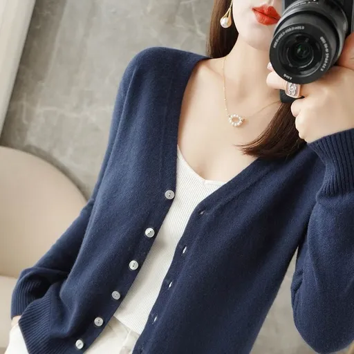 Women V Neck Knitted Cardigan Long Sleeve Sweater navy blue Size: L; Height (cm): 165-170; Weight (kg): 55-60; Bust (cm): 90-94; Waist (cm): 74-78; Shoulder width (cm): 39; Length (cm): 62