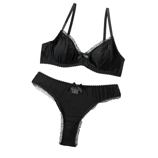 House Of Dasein Sexy Mesh Heart Print Bra Set Ultra Thin Comfortable Tempting Lingerie Two Piece - Black - L