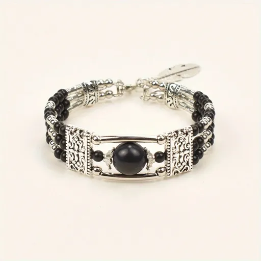2pcs Ethnic-style Vintage Open Bracelet, Turquoise Beads with Silver Carved Accents, Bohemian Exotic Charm, a Personalized Accessory for Daily and Travel Wear.black