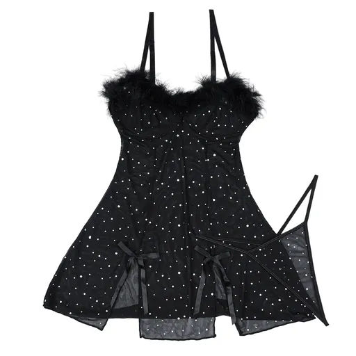 House Of Dasein Sexy Rhinestone Crystal Feather Splicing Sheer Mesh Slit Dress Two Piece Set For Women - Black - L