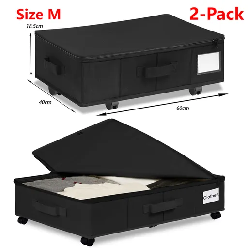2-Pack -M- Under-Bed Storage Bins with Wheels, Foldable Flat Fabric Storage Containers for Clothes and Miscellaneous Items - Black