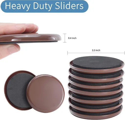 4Pcs Furniture Sliders – 3.5 Inch Heavy Duty Moving Pads, Plastic Chair Leg Floor Protectors for Hardwood Floors, Reusable Round Gliders,Brown