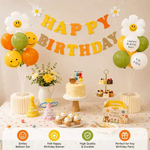 3-pcs Birthday Party Decoration Set with 2-pack Smiley Daisy Balloon Centerpieces & Orange and Yellow Happy Birthday Felt Banner, Birthday Party Decor Kit, Photo Booth Backdrop Supplies