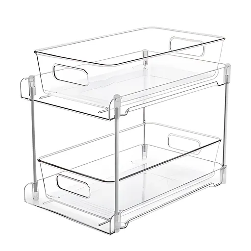2 Pack Double Tier Clear Plastic Drawer Organizer Under Sink Sliding Drawers with Tray Multifunctional Storage Rack Drying Rack Spice Rack with Handle and Anti-slip Feet