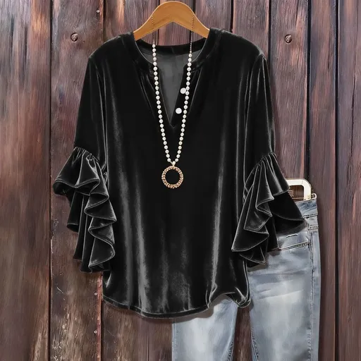 Women's Velvet Flare Sleeve Top, V Neck Button Detail Three Quarter Sleeve Blouse, Luxe Pullover for Evening or Holiday Events, Black - XL