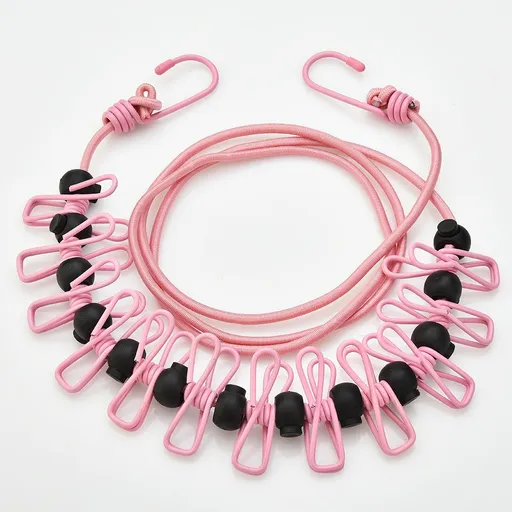 Pink Portable Windproof Travel Clothesline and Velvet Storage Bag - 1.8M to 4M High Elastic Travel Laundry Line with 12 Clips & 13 Positioning Beads to Prevent Clothes Tangling