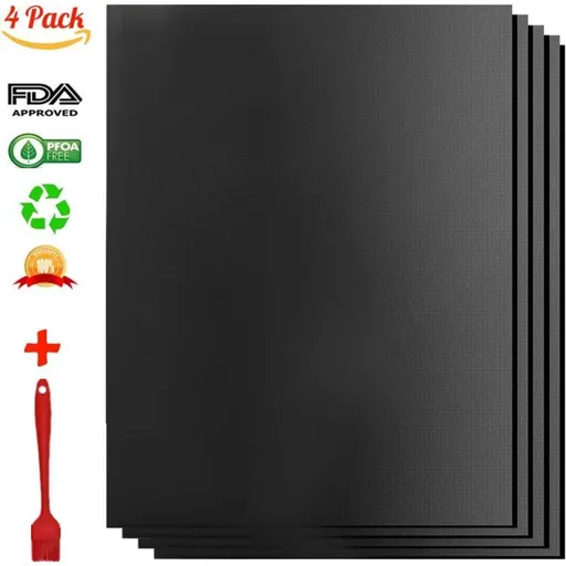 4 Pack Lid for Barbecue and Plancha Grill Mat for Barbecue and Oven, Non Stick Reusable and Cleanable Barbecue Mat, Charcoal, 330 x 400 x 0.2 mm