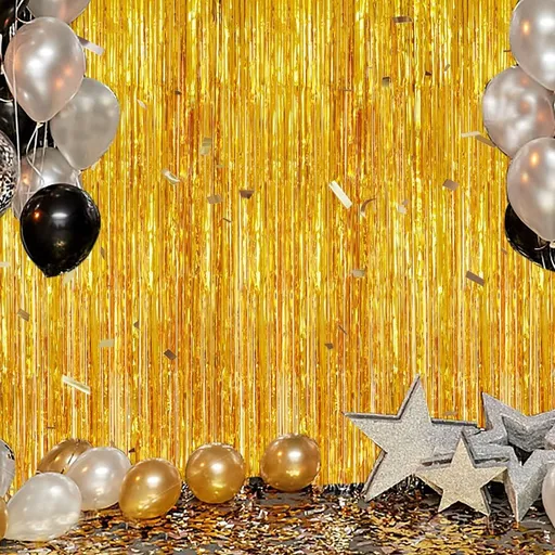 10 Pcs Gold Shiny Tinsel Foil Fringe Curtain - 1m x 2m Metallic Streamer Backdrop for Birthday Parties, Weddings, Christmas, and Stage Decor - Gold Plastic Photo Prop