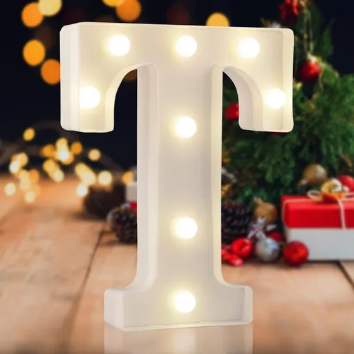 Sign letter T, warm white, 26 letters, 10 numbers, heart and & symbol; for birthday, party, Christmas, home, bar, wedding decoration; DIY word combinations; wall & tabletop display; battery operated.