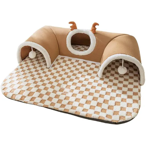 Brown S size Cat Tunnel Bed House 4-Season Universal Removable Washable U-Shaped Cat Cave with Multi-Entrance, Plush Hideaway Pet Nest with Detachable Mat for Indoor Cats, Non-Slip Bottom, Multi-Cat Friendly