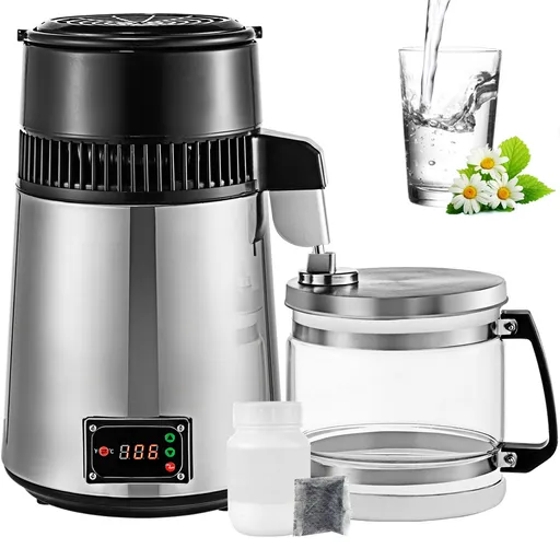 Countertop Water Distiller, 1.1 Gallon/4L, 750W Stainless Steel Distilled Water Making Machine, Purifier Filter with Glass Collection, Distilling Alcohol Whiskey for Home Use, CE Listed, Silver