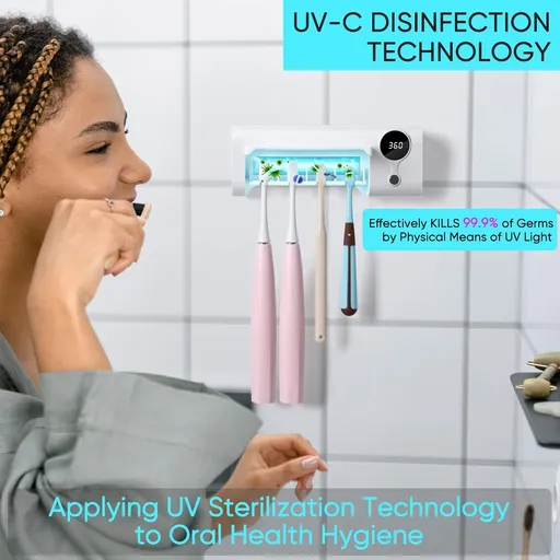 UV Toothbrush Sanitizer, Tooth Brush Sterilizer Cleaner Wall Mounted/Sterilization and Timer Function Rechargeable Cordless