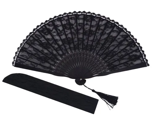 Chinese/Japanese Vintage Retro Style Bamboo Wood Silk Folding Hand Fan for women Japanese Chinese Fan Black lace Fan (22cm)