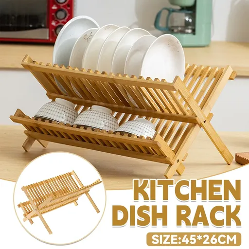 Bamboo Dish Drying Rack 2 Tier Foldable Sink Organiser 45 x 26cm Countertop