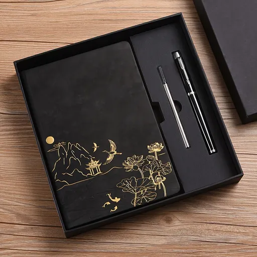 Black A5 Premium Notebook Gift Set with Pen - PU Leather Journal with Gold Oriental Art - 200 Pages Business Diary & Corporate Gift Box (Lotus & Crane Design)