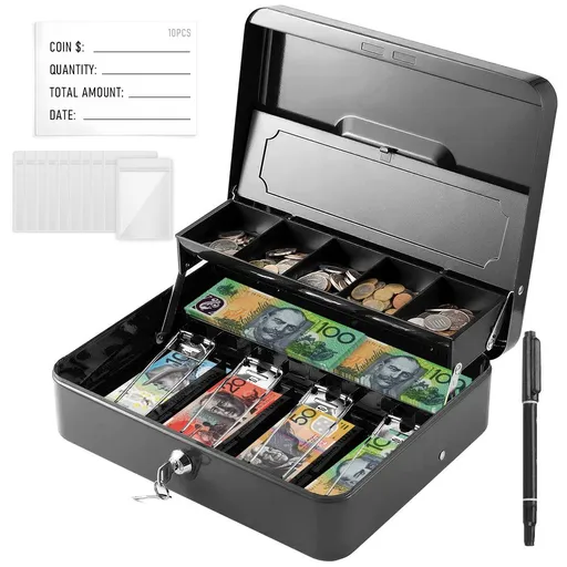 Lockable Cash Box with Coin Tray – Durable Metal Money Box with Key Lock for Bills & Change – Black