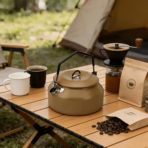 Portable Camping Kettle, 304 Stainless Steel, 1000ML Ultra-Light, Self-Standing Silicone Grip, Damping Lid, Dual-Ring Base（khaki）