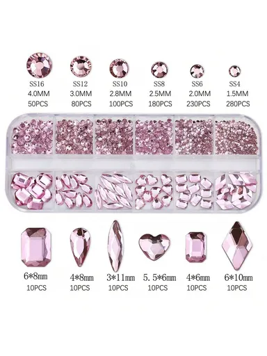 Pink Nail Art Rhinestone 6 Types Multi Shapes Round Beads 6 Sizes 1.5-4.5mm 12 Grids 3D Pink Crystal Flatback For Nails DIY Decoration Supplies