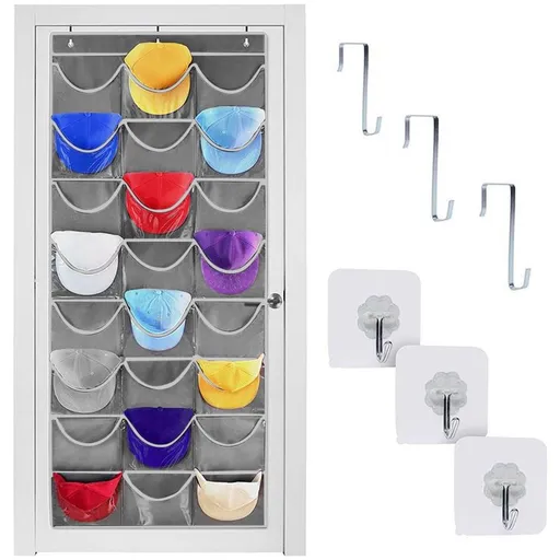 Baseball Cap Organizer 24 Pocket Over Door Hat Rack Clear PVC Pocket Non Woven Hanging Closet Wall Mount Storage Display Holder with Hooks for Snapbacks Visors