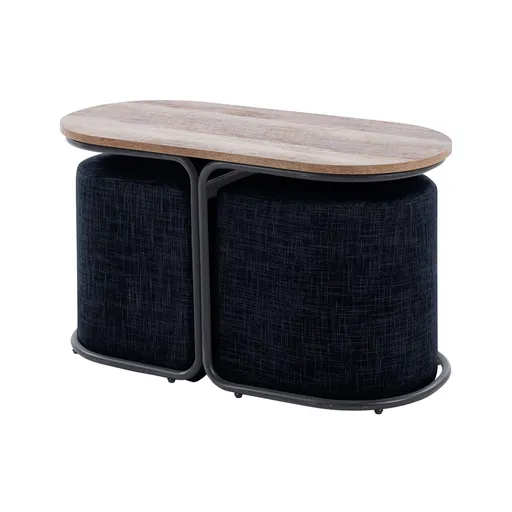 3 Piece Set Coffee Table & Ottoman Wood Side End Table Industrial - Black