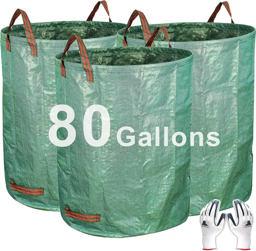3-Pack 80 Gallon Yard Waste Bags, Reusable Heavy Duty Collapsible Garden Leaf Bags with Plastic Ring, Stand-Up Yard Waste Bin for Leaves, Lawn Debris & Grass Clippings
