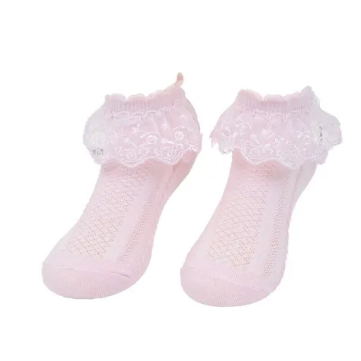 Lace Ruffle Frilly Short Socks for Girls Ankle Length S Size Fits 1-3 Years - Pink
