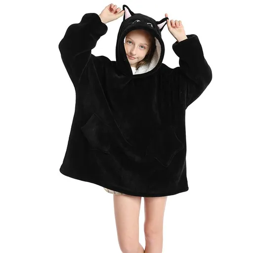 Childrens Cartoon Flannel Hooded Blanket Polyester Children's cold clothing Black Cat All yards