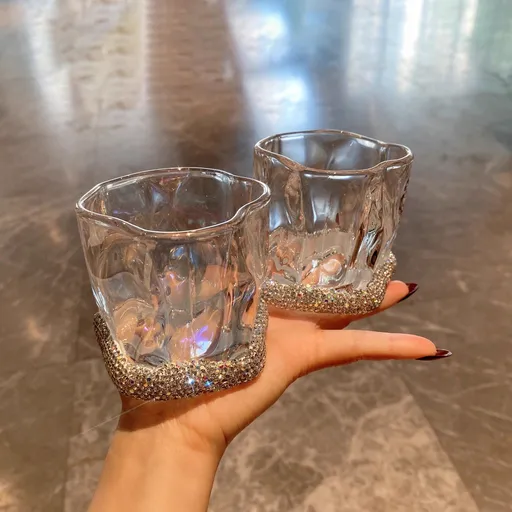 Elegant Twist Glass Cup with Rhinestone Base for Whiskey Cocktails Sparkling Water Home Decor Gift for Hostess and Everyday Dining (Twist Cup With Rhinestones, 2PCS)