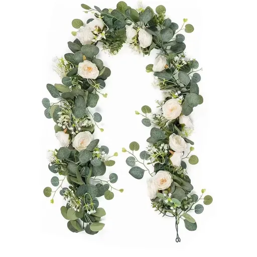6FT White Silk Rose & Gypsophila Artificial Garland - Wedding Party Decor with 6 Realistic Roses | 70.86" Floral Centerpiece for Tables, Arches & Walls