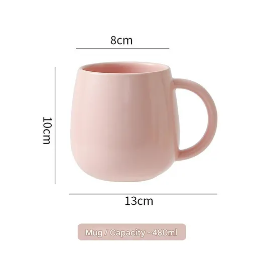 Pink Premium Macaron Ceramic Coffee Mug - 480ml Large Capacity Belly Cup with Underglaze Finish, Minimalist Nordic Style Porcelain Mug for Coffee, Tea, Milk and Oatmeal