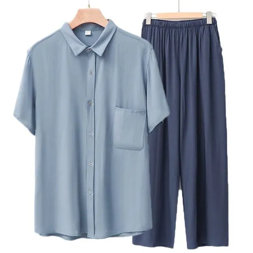 Men Rayon Short Sleeve Suit Set Summer Thin Casual Light blue top + gray blue trousers 3XL