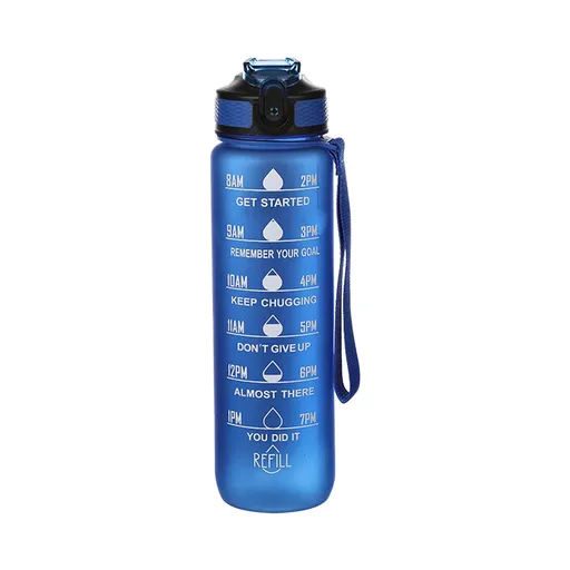 32Oz Water Bottle with Time Markers, Carry Strap, Leak-Proof for Fitness, Gym, Camping, Outdoor Sports Blue