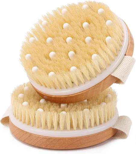 2-Pack Dry Brushing Body Brush for Lymphatic Drainage, Round Dry Exfoliating Brush with Massage Nodes for Cellulite, Dry Skin