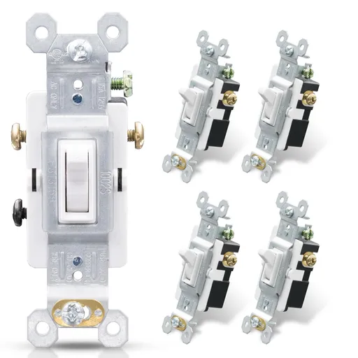 3 Way Toggle Light Switch, 15 Amp, 120 V, Toggle Framed AC Quiet Switch, in Wall On/Off Switch Replacement, Self-Grounding, Residential and Commercial Grade, UL Listed (5 Pack, Glossy White)