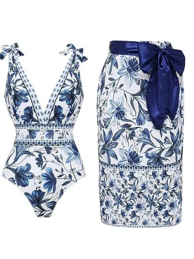 M Size Blue Print Women's Sexy One-Piece Swimsuit Set With Matching Wrap Skirt - European/American Style Bikini with Built-in Pads