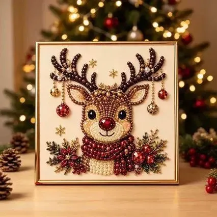 Gold-Edged Print Acrylic Pearl Painting 20x20cm Stretched Frame Pearl Kit Tools Christmas Reindeer Non-Wood Frame Suitable for Christmas Gifting