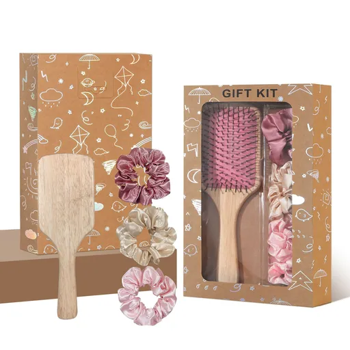 Pink Paddle Hair Brush Gift Set with Satin Scrunchies - Cushion Airbag Design for Scalp Massage and Detangling, Gift Ready Pack for Women and Girls, Ideal for Daily Hair Care and Styling