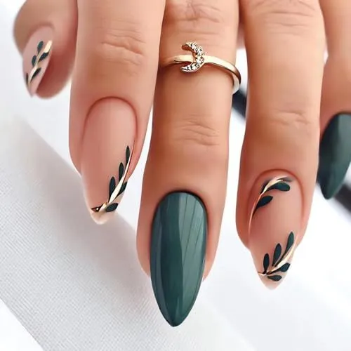 Reusable almond-shaped press-on nails for DIY manicures and daily wear (Deep Forest Green)