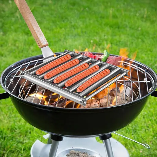 Hot Dog Roller Grill Stainless Steel Rack Extra Long Wood Handle 5 Hot Dog Capacity