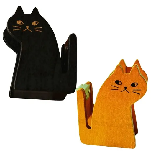 2pcs Cute Cat Tape Dispenser Vintage Wooden Tape Cutter Masking Tape Storage Organizer Tape Holders for Home Office Black Yellow
